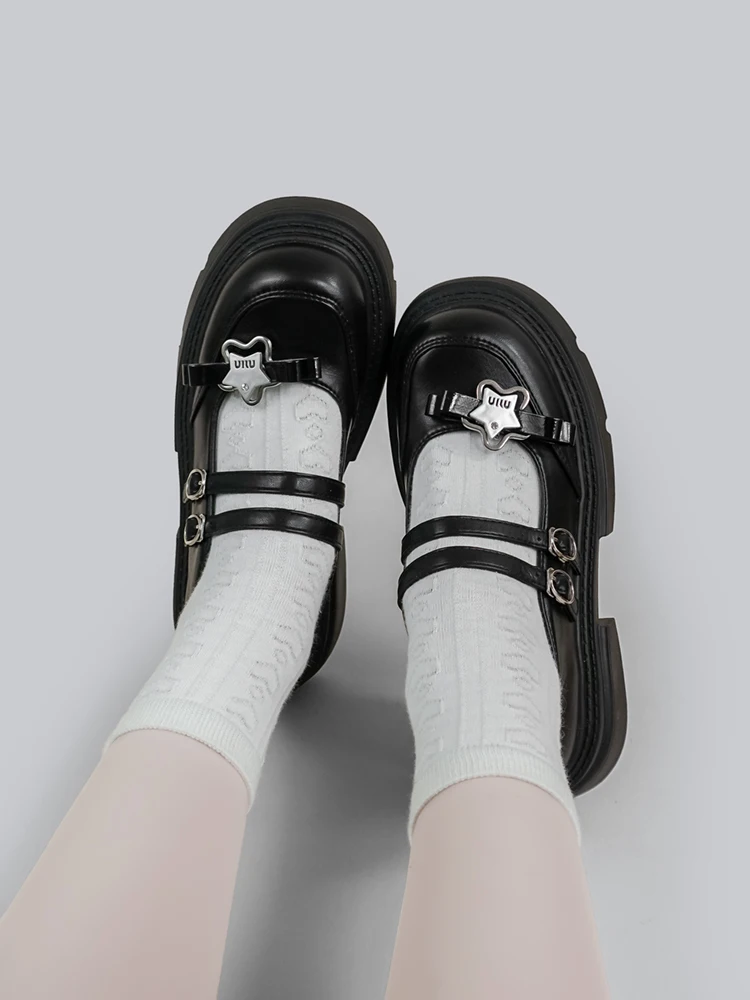 Japanese Shallow Mouth Lolita Women's Shoes Thick Sole Versatile Student Bow Sweet Cool Black Leather Shoes