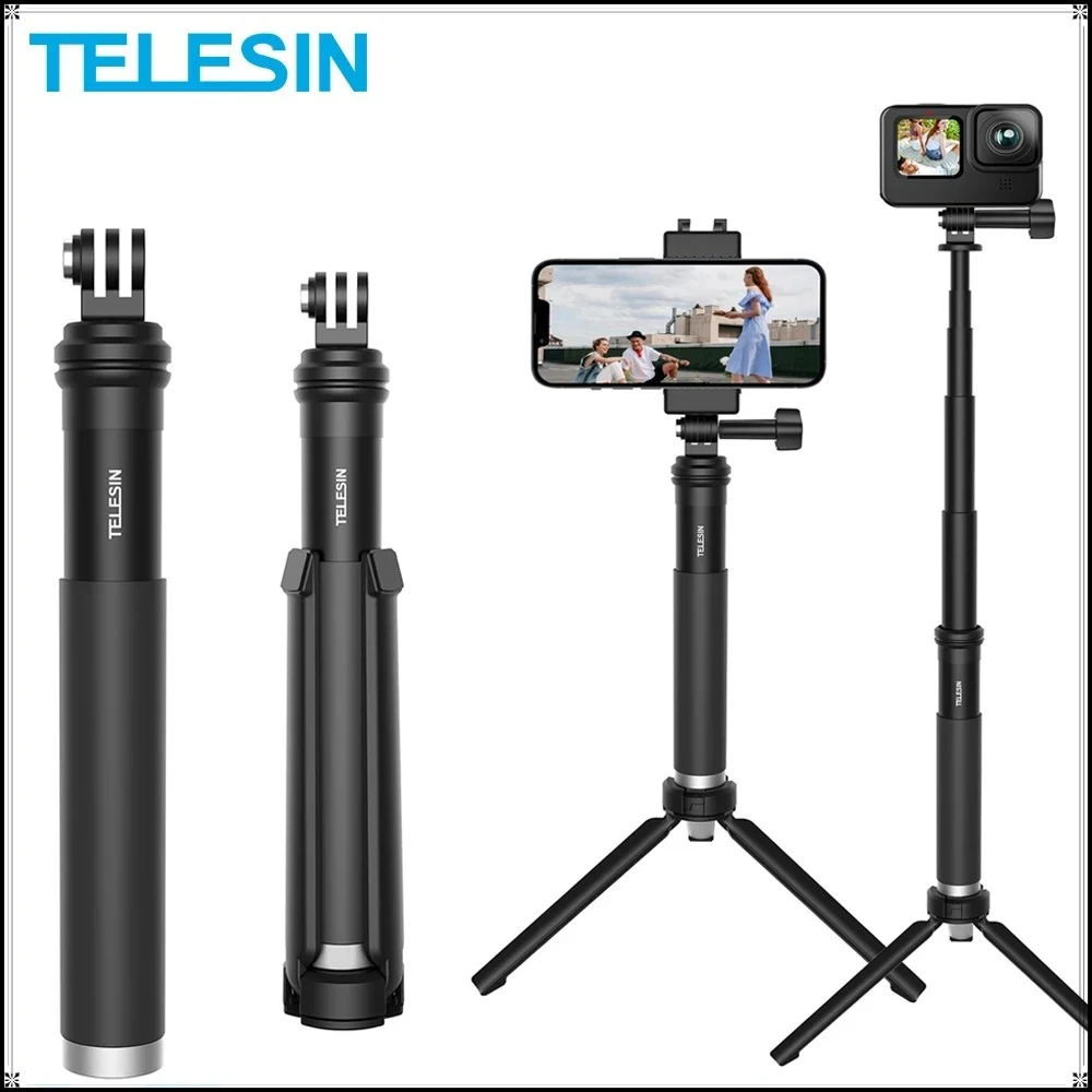 TELESIN Selfie Stick Foldable Tripod Phone Holder Aluminum Alloy Monopod for GoPro 13 12 11 DJI Action 6 5 Insta360 iPhone 16 17