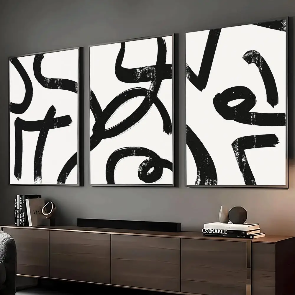 Monochrome Brushstroke Painting Calligraphy Canvas Wall Art Print Set | Living Room Bedroom Aesthetics Decor Gift