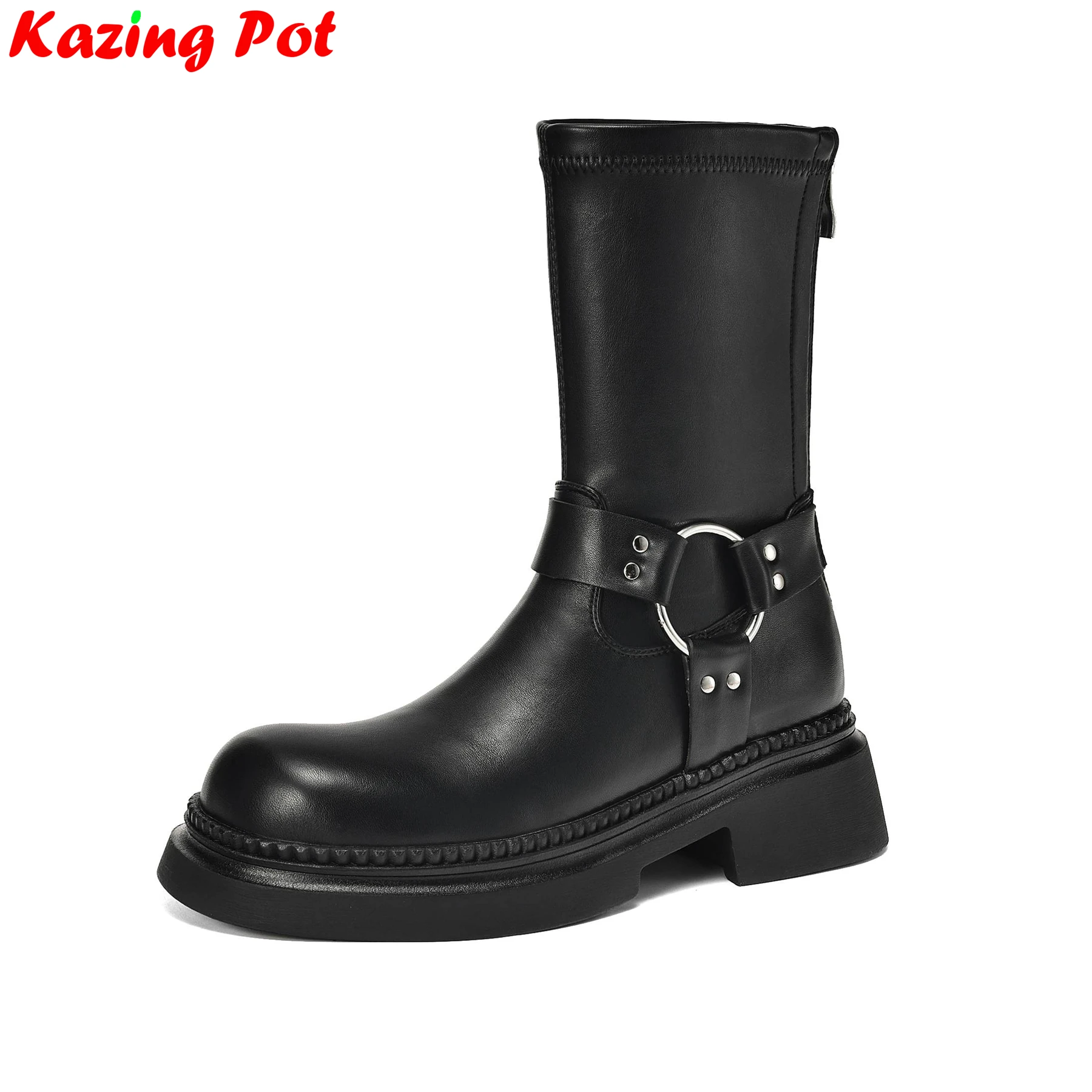 

Krazing Pot Big Size Microfiber Chunky Heels Stretch Boots Winter Shoes Round Toe Zipper Retro Casual Platform Women Ankle Boots
