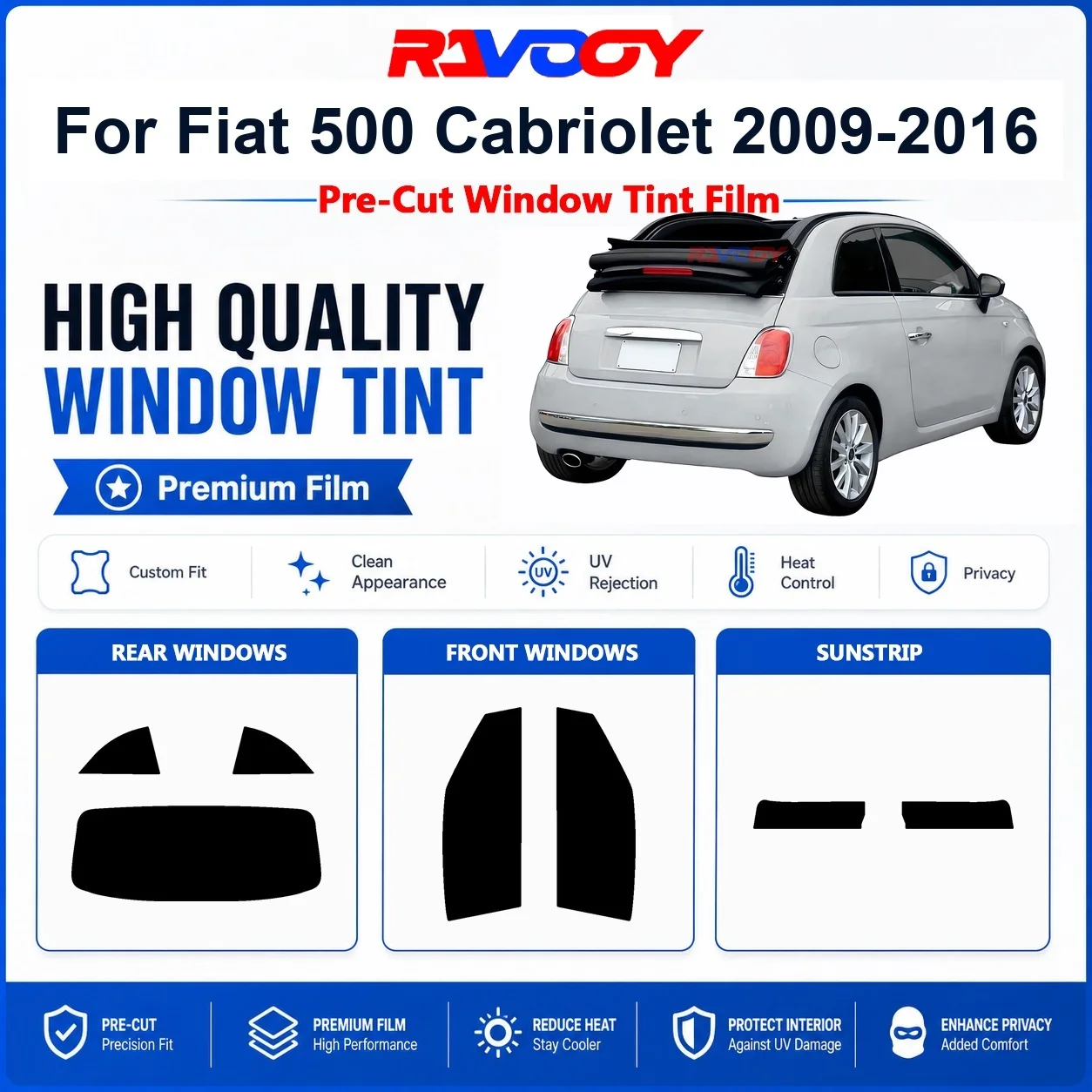 Pellicola Oscurante Premium Pretagliata per Finestrini Fiat 500 Cabriolet 2009-2016, Protezione UV e Privacy per Finestrini Anteriori e Posteriori