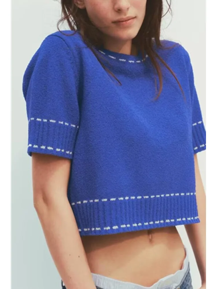 

Zevity женская мода белая линия дизайн синий цвет вязаный свитер женский шикарный укороченный пуловер с короткими рукавами пальто топы SW9337