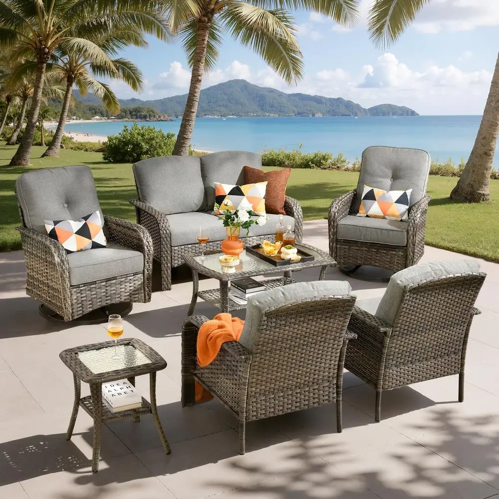 

7-Piece Outdoor Patio Furniture Set with Swivel Chairs, Wicker Sofa and Coffee Table, Rattan Couch for Poolside, Gray