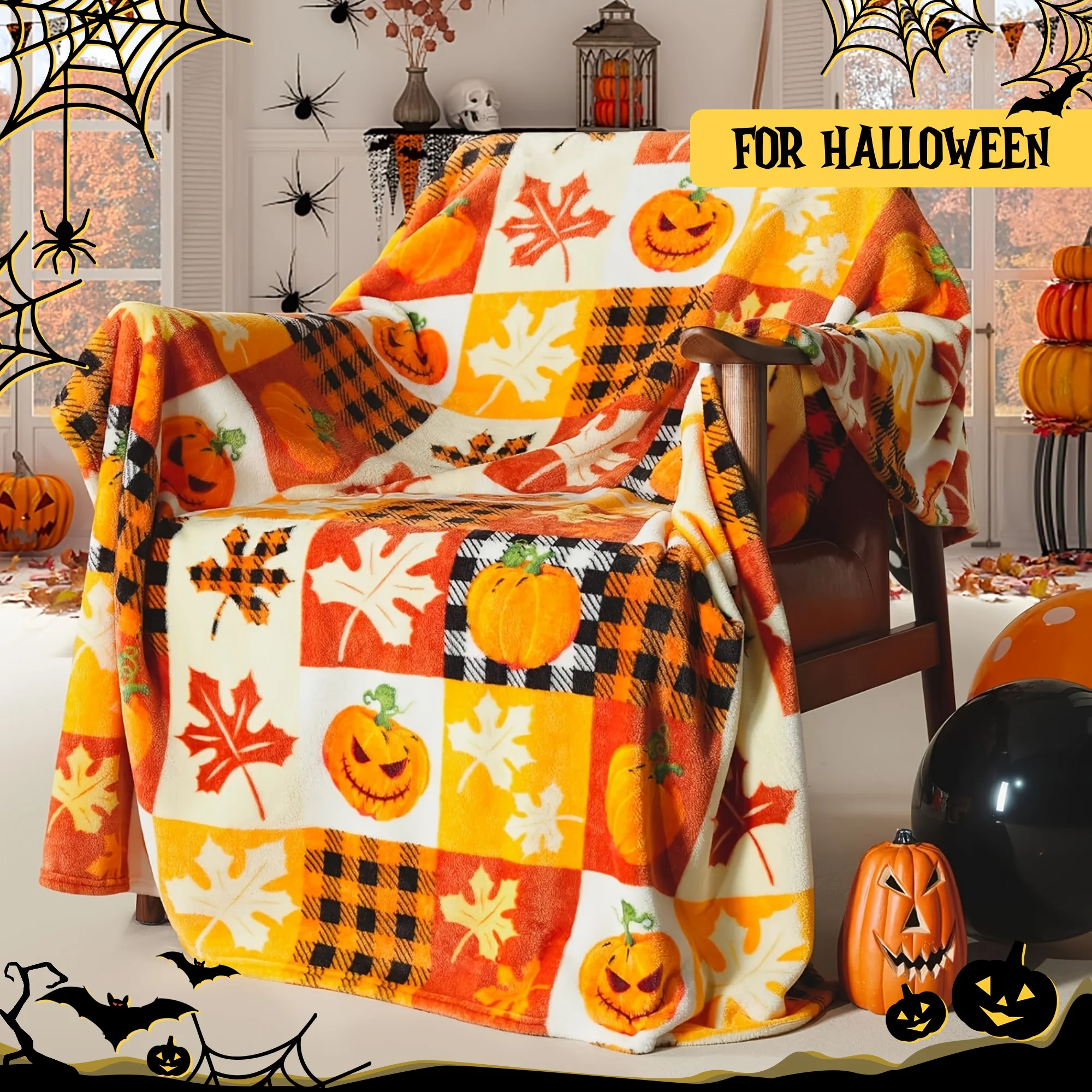 1 Stück Kürbis- und Herbstblätter, karierte Halloween-Decke, weicher Plüsch-Fleece-Überwurf für Sofa oder Bett, bequeme Luxus-Flanelldecke