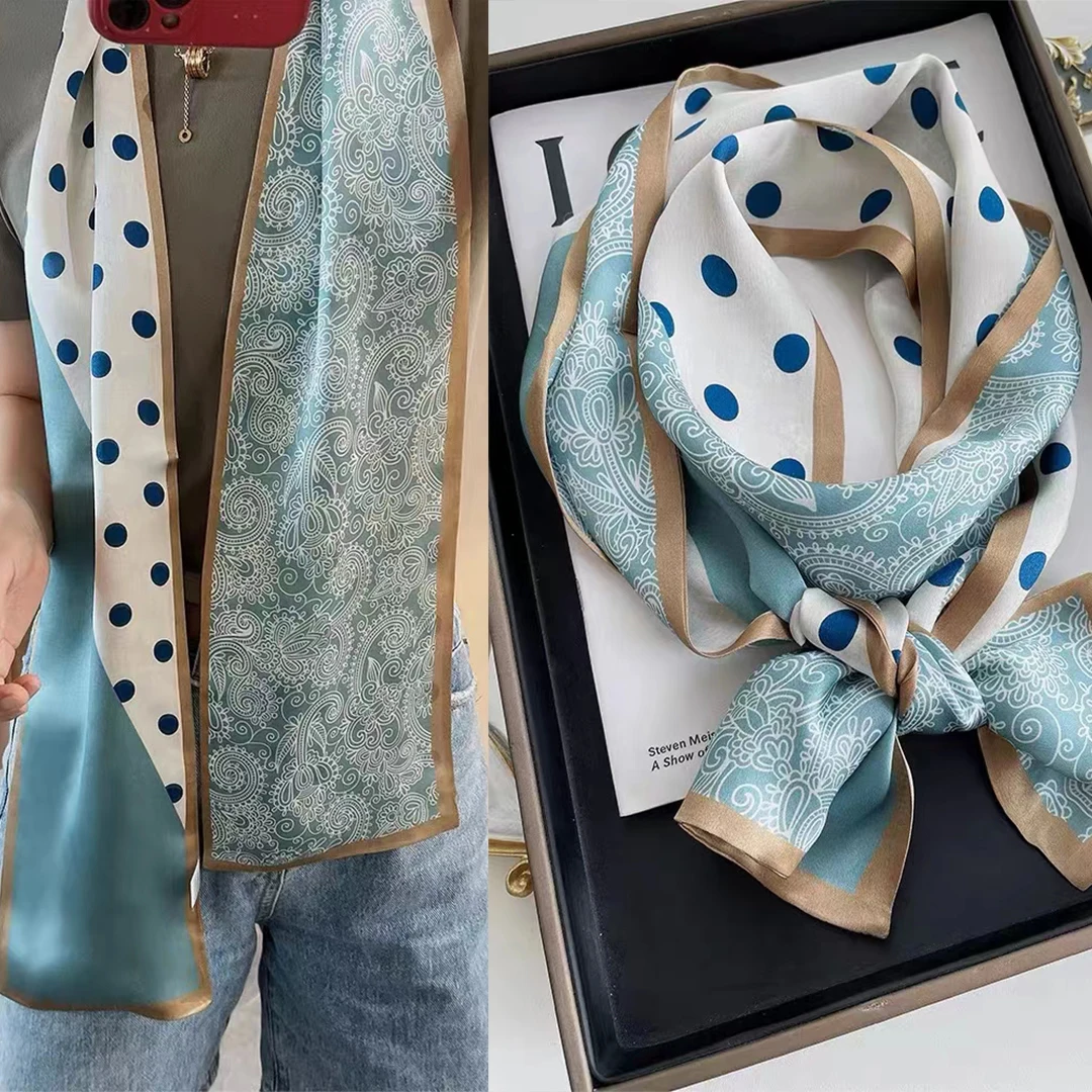 BYSIFA| Blue White Long Silk Scarf Headband Spring Summer Fashion Brand Dot Pattern Pure Silk Ribbons Scarves Floulard Printed