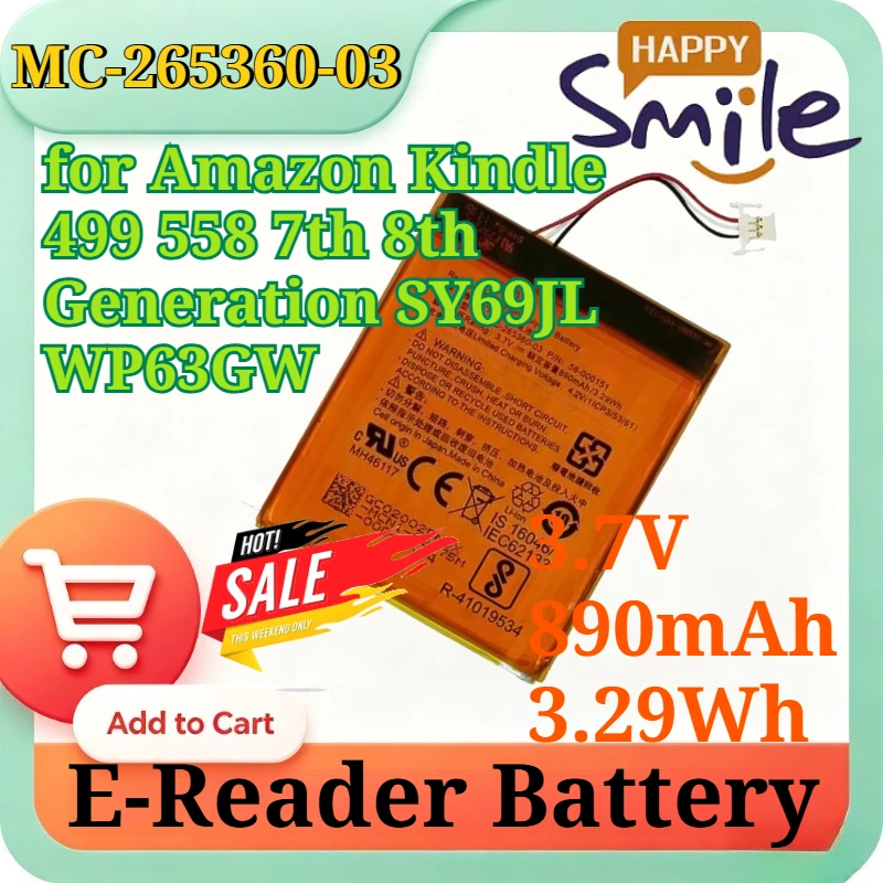 New MC-265360-03 3.7V 890mAh 3.29Wh Replacement Li-Polymer Battery for Amazon Kindle 499 558 7th 8th Generation SY69JL E-Reader