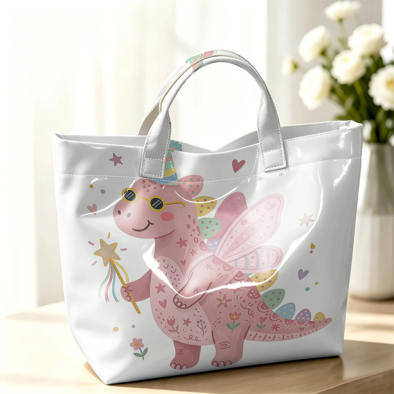 Party Dinosaur Fashion Large Glossy PVC Tote Bag Hand Washable Waterproof Perfect Travel Commute Cosmetic Storage Shopper