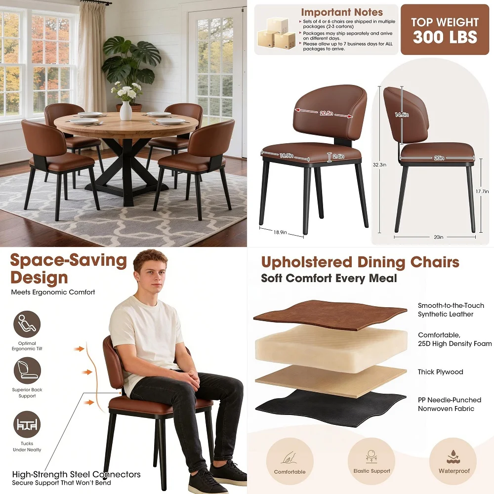 

Dining Chairs Set of 4, Upholstered Faux Leather Kitchen Chairs with Curved Back, Easy to Assemble and Clean for Dining Room, R