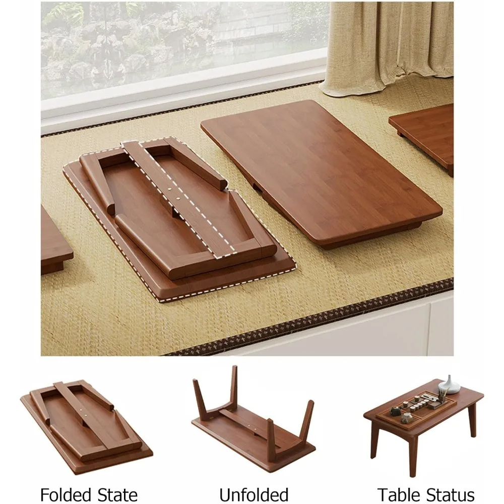 طاولة يابانية ذات أرضية منخفضة للجلوس على حصير التاتامي، طاولة شاي من الخيزران قابلة للطي لغرفة المعيشة وغرفة الشاي والشرفة، بدون تجميع إعادة #5