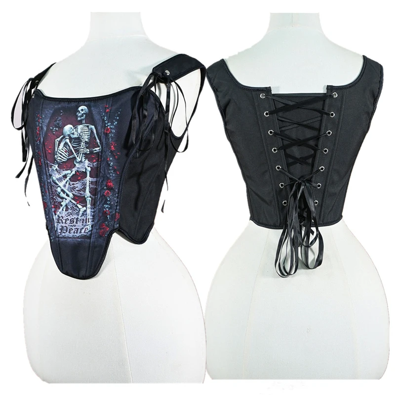 르네상스 여성 타이트 코르셋 뷔스티에 캐미 고딕 보디스 레이스업 본드 쉐이핑 탑 스컬 무대 의상 크롭 베스트 파티용