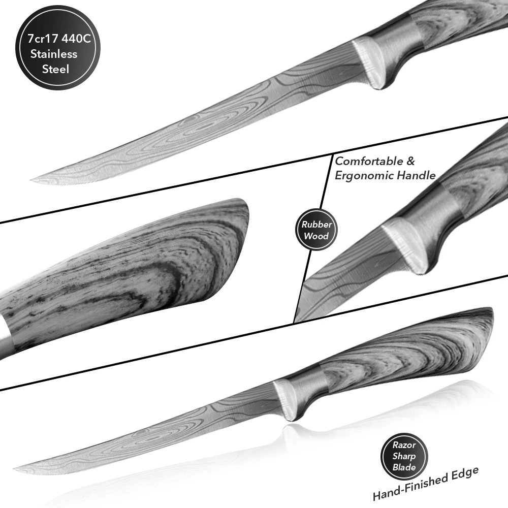الفولاذ المقاوم للصدأ سكين الصيد 6 7 8 بوصة فيليه سكين قطعة العاج سكاكين الشيف تقليد دمشق نمط فائدة الساطور المطبخ أداة