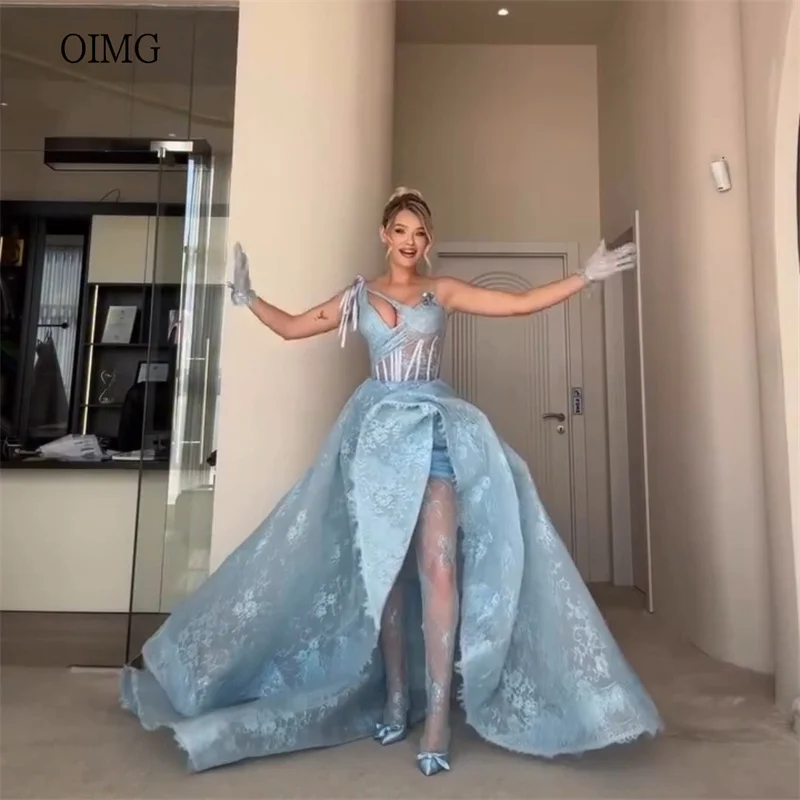 

OIMG Opulent Blue Lace A Line Prom Gowns One Shoulder Party Gown Slit Floor Length Evening Dress vestidos de festa Customized