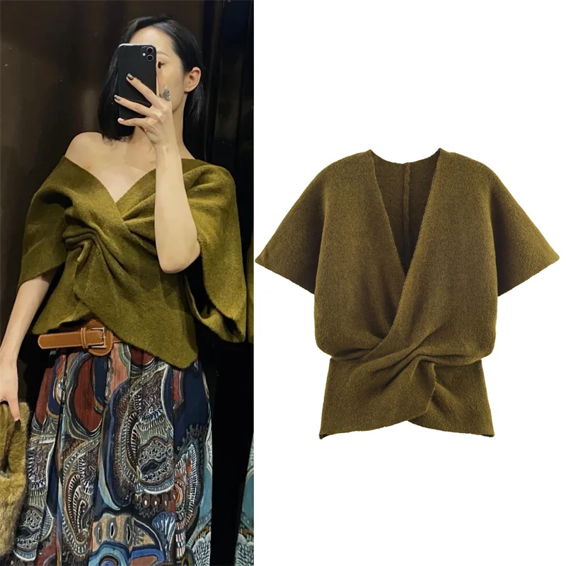 Haut tricoté à manches courtes pour femme, vert militaire, avec détail à volants, Sexy, col en v, élégant et élégant, nouvelle collection hiver 2025