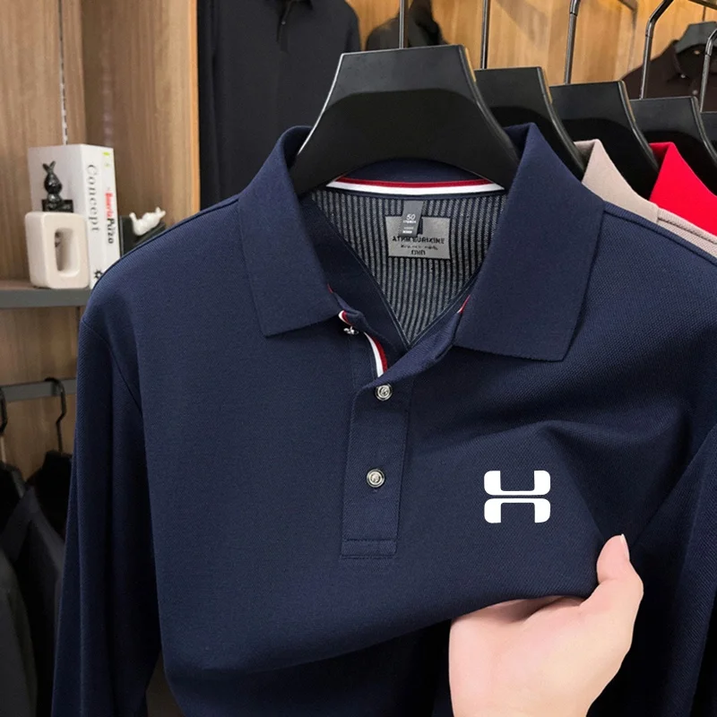 New Spring Autumn Fashion Men's Print Polo Shirt Containing Cotton Original Solid Color Long Sleeve T-Shirt Versatile Men's Wear