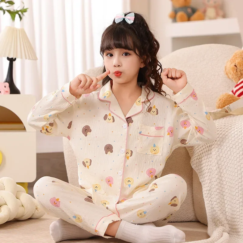 

New 2025 Girls Cute Cartoon Print Pajamas Long Sleeve Lapel Sleepwear Kids Spring Summer Casual Loose Clothing Sets Pyjamas