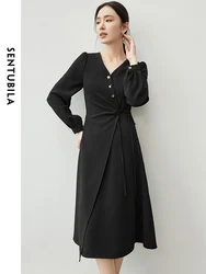 SENTUBILA Elegantly Lace-up Black Dress for Women 2024 Autumn New Puff Sleeve A-line V Neck Pullover Simple Dress 143L56252