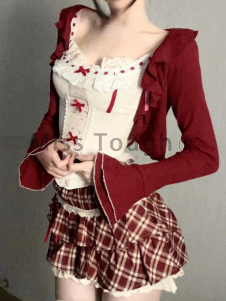 Autumn Vintage Slim 3 Piece Set Women Sweet Cute Lace Patchwork Vest+Solid Cardigan Female Design Chic Plaid Mini Skirt Suit New