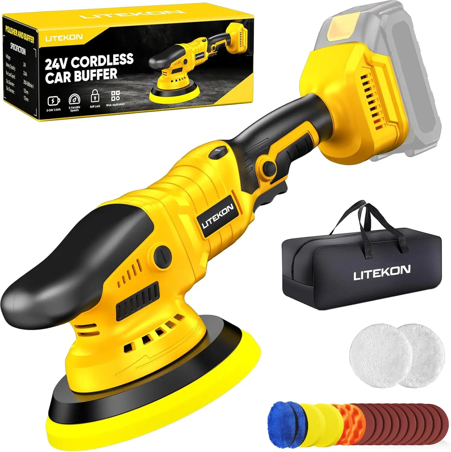 

Cordless Buffer Polisher Kit for DeWalt 20V, 2800-5800RPM, Variable Speed, 21-Piece Accessories, Car Polishing/Waxing