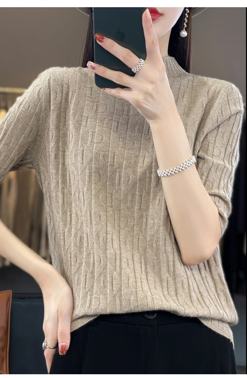 Women New Soft Diamond Letter Design Sweater Half-high Collar Three Quarter Sleeve Pullover Spring Summer Casual Knit Slim Top