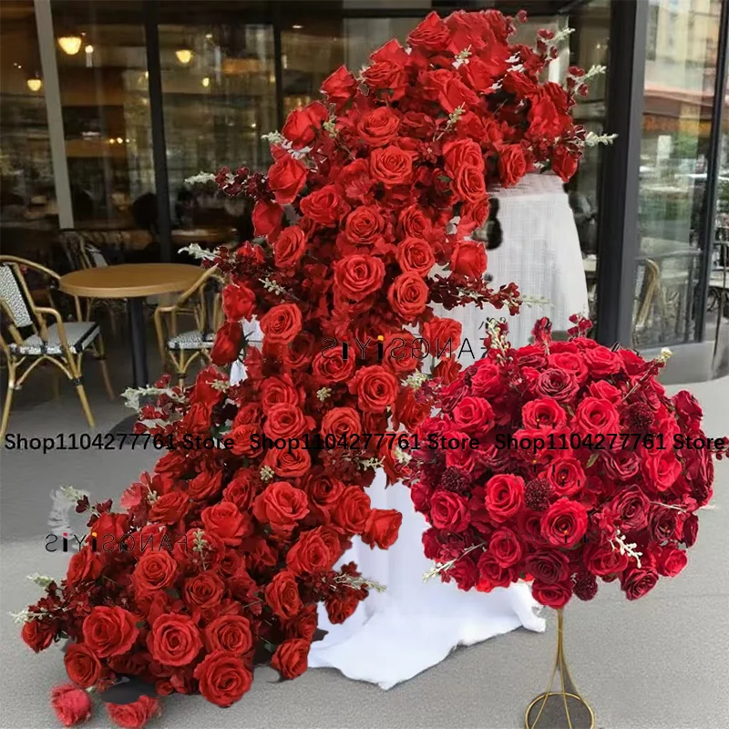 الاصطناعي الأحمر/الأبيض روز دلفينيوم زهرة صف عداء الزفاف خلفية ديكور الأزهار ترتيب الدعائم الطرف الجدول محور
