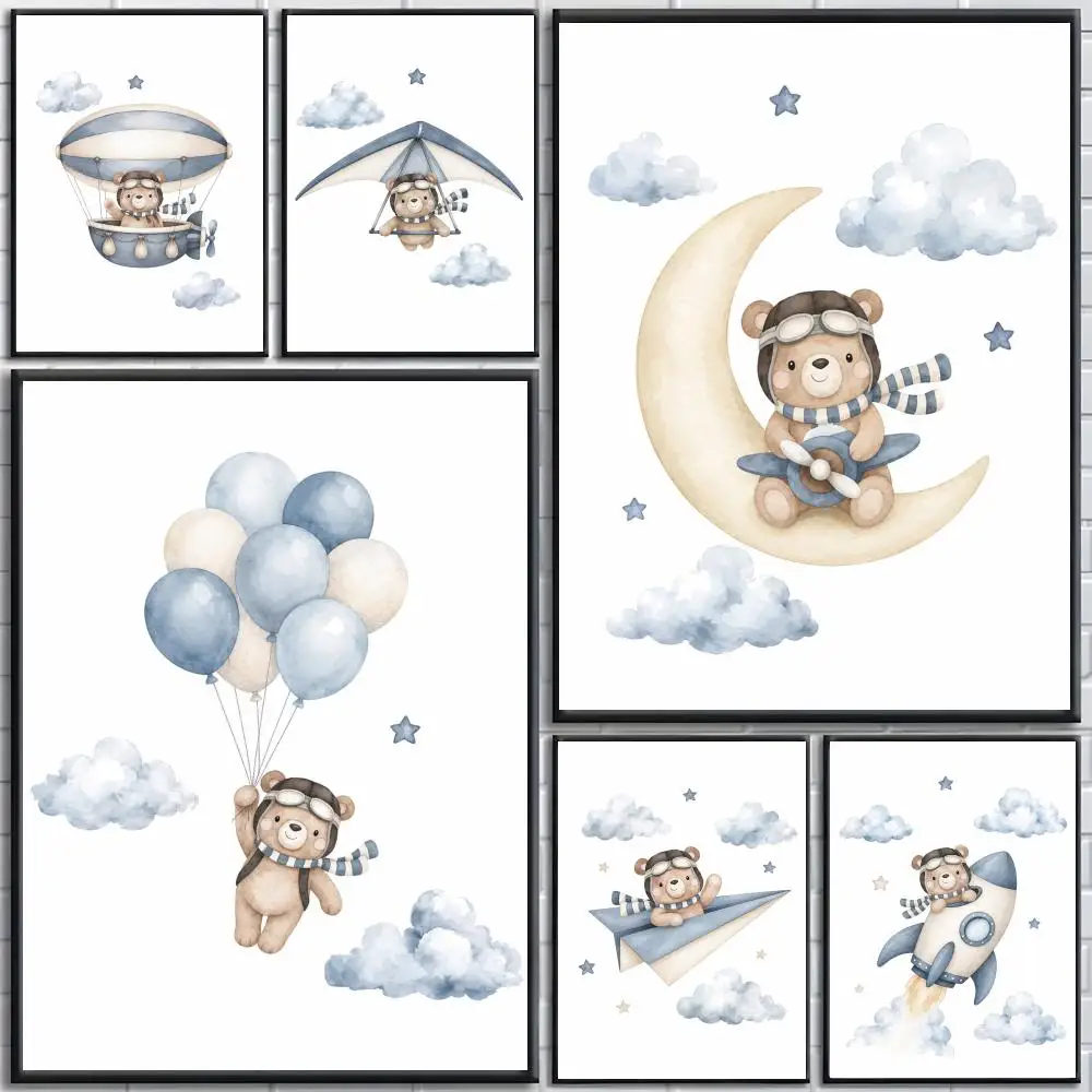 Boho Bear Aircraft Hot Air Balloon Cloud Nursery Poster High-definition posters, wall art for living room and home decor.