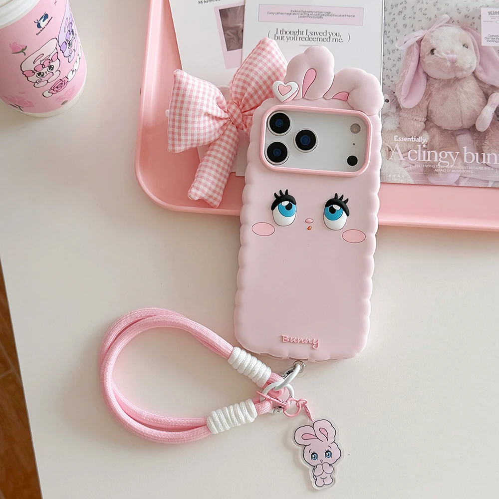Kawaii 3D Cartoon Hasen-Handyhülle aus weichem Silikon für iPhone 16 17 18 Pro Max, niedliche, stoßfeste Rückseite mit Trageband, Fundas – Detail 10