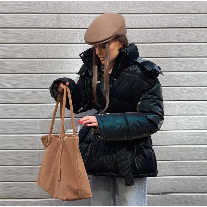 Fashion Glossy Padded Jacket Women's Solid Hooded Long Sleeve Zipper Warm Down Coat 2026 Autumn Winter New Lady Casual Outerwear