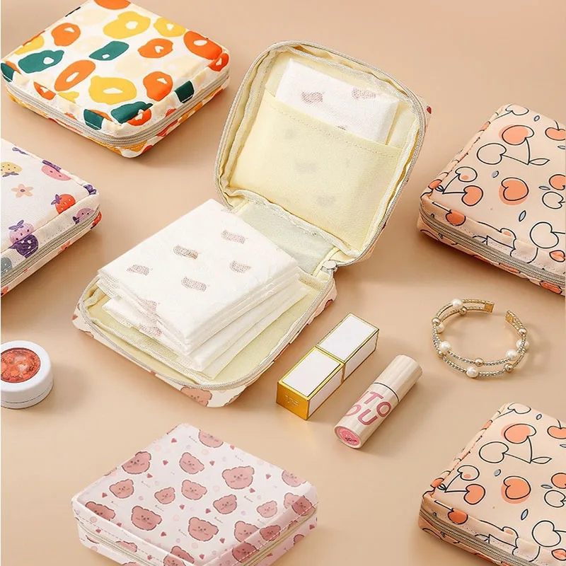 1PC Makeup Bag Storage Bag Cute and Portable Small Fresh and Simple Cartoon Printed Sanitary Napkins Storage