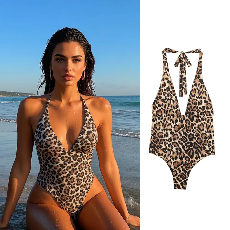 TRAFZRMono Mujer Estampado Animal 2025 Escote V Profundo Tirante al Cuello Tela Elástica Playa Piscina Traje Verano