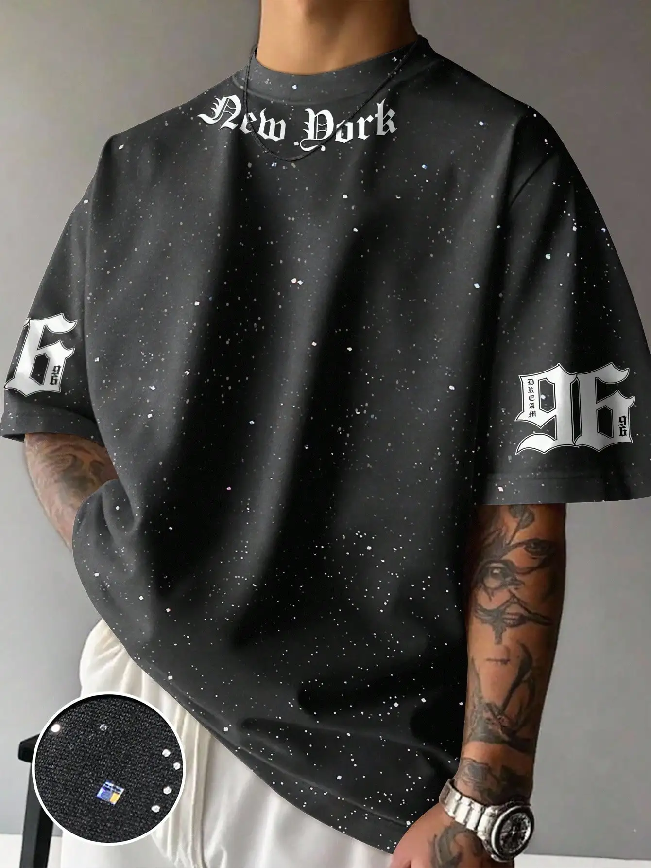 

Black Galaxy Print Loose Fit Tee with Gothic Script & Numeric Design