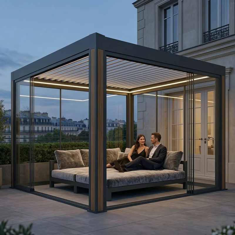 Aluminum Pergola Balcony Outdoor Cinema & Entertainment Zone Weatherproof Shade Shelter LED Lights Backyard Movie Nights