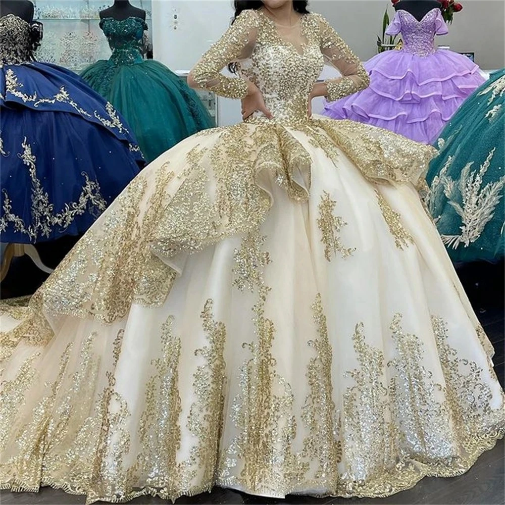 Champagne Princess Quinceanera Dresses Ball Gown Long Sleeves Appliques Pearls Sweet 16 Dresses 15 Años Mexican