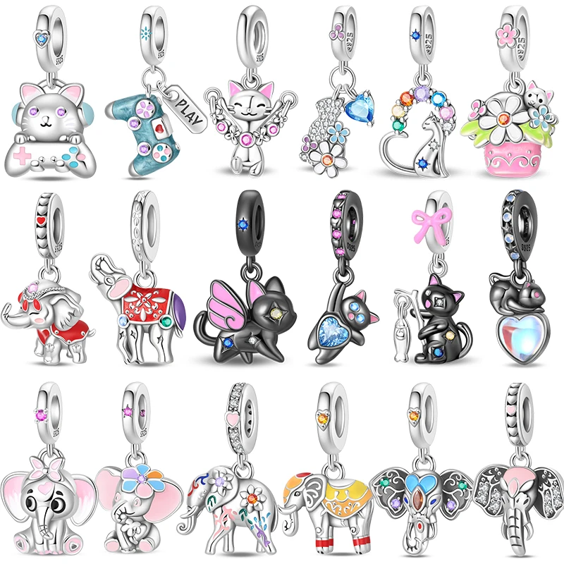 

Оригинальные подвески из стерлингового серебра 925, бусины, черный кот, красочный кулон в виде слона для браслета, женские ювелирные изделия своими руками, изготовление подарков