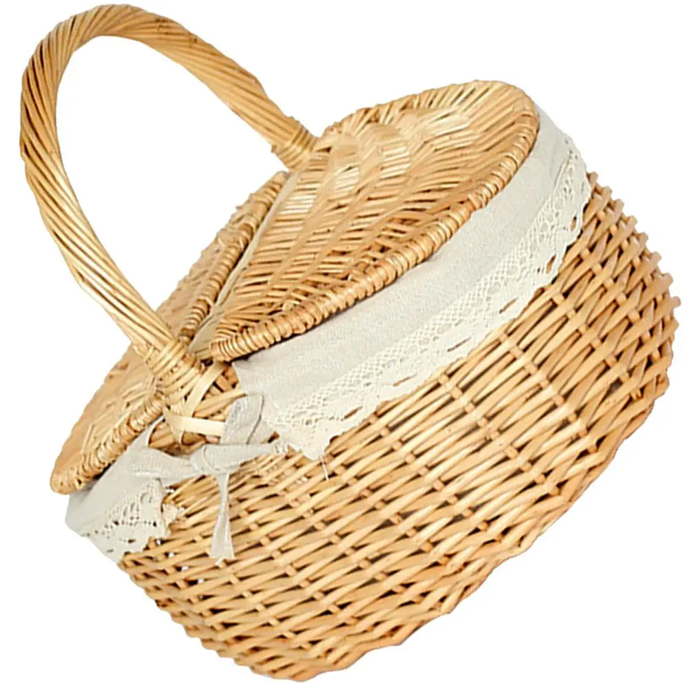 

Large Wicker Handwoven Basket with Lid for Outdoor Picnic Shopping Vegetable Harvest Durable Storage Baskets Light Brown