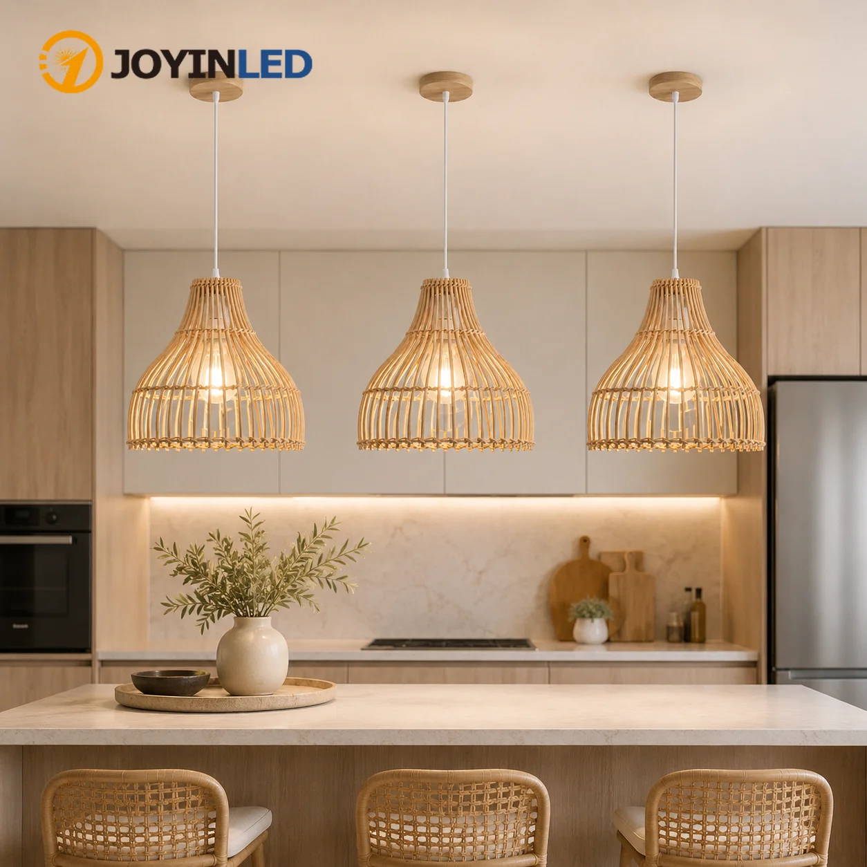 JOYINLED Modern Rattan Pendant Light Dia 24CM Boho Wicker Hanging Lamp E27 Farmhouse Chandelier for Kitchen Bedroom Cafe