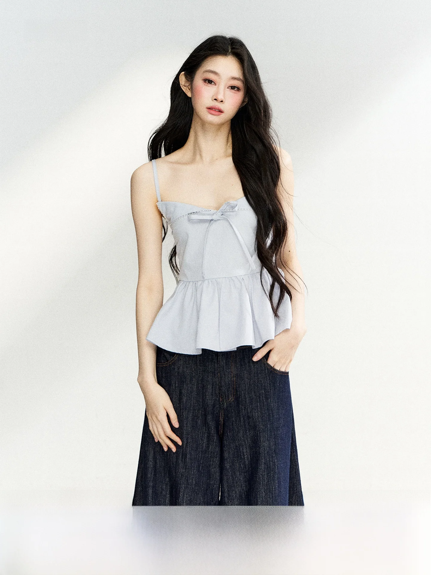 

7Shiftin Original Design Women's Ruffle Hem Strap Vest Soft Refreshing Square Collar Knot Versatile Top Cotton Blend