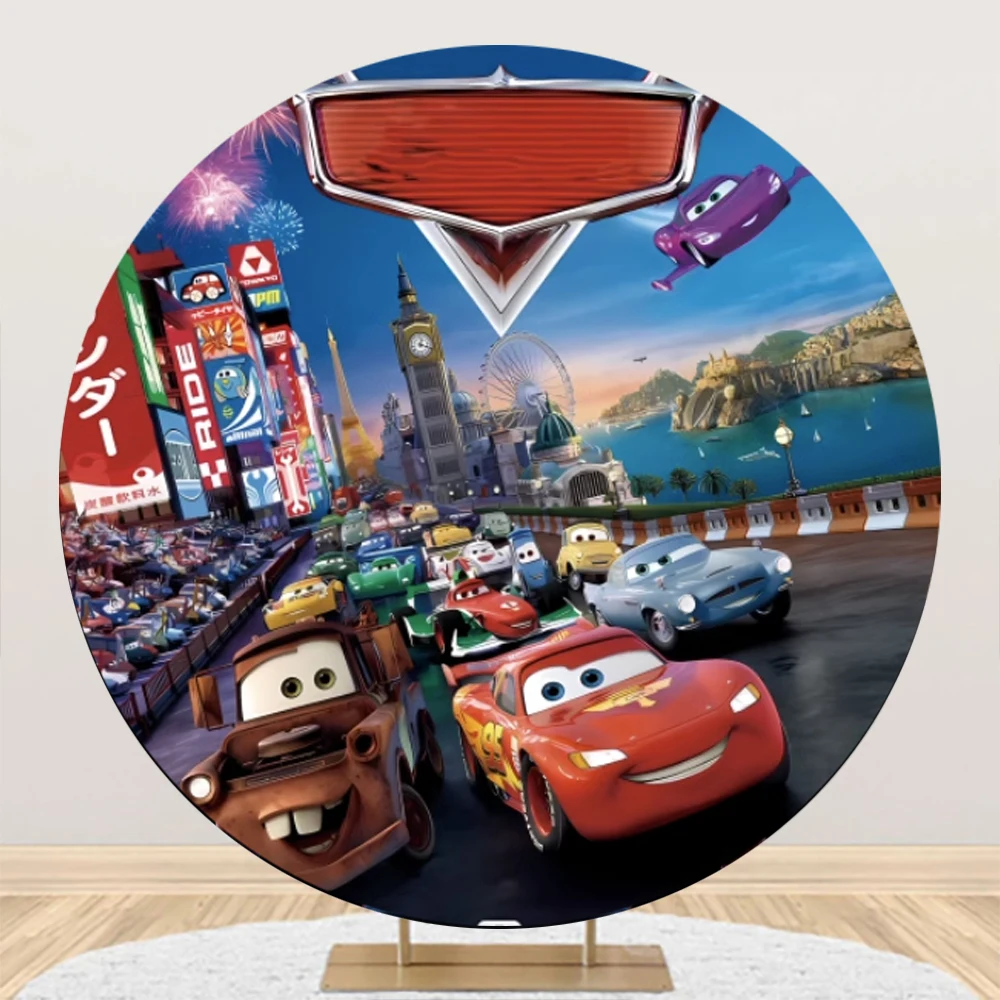 Cars Round Backdrop And 3 Cylinder Covers Background Photography Lightning McQueen Baby Shower Birthday Party Decoration Props