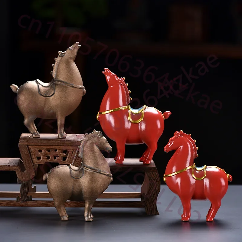 Traditional Chinese Red Ceramic Horse Tang Dynasty Style Steed Figurine Exquisite Artwork Modern Decorative Ornament Art Gift