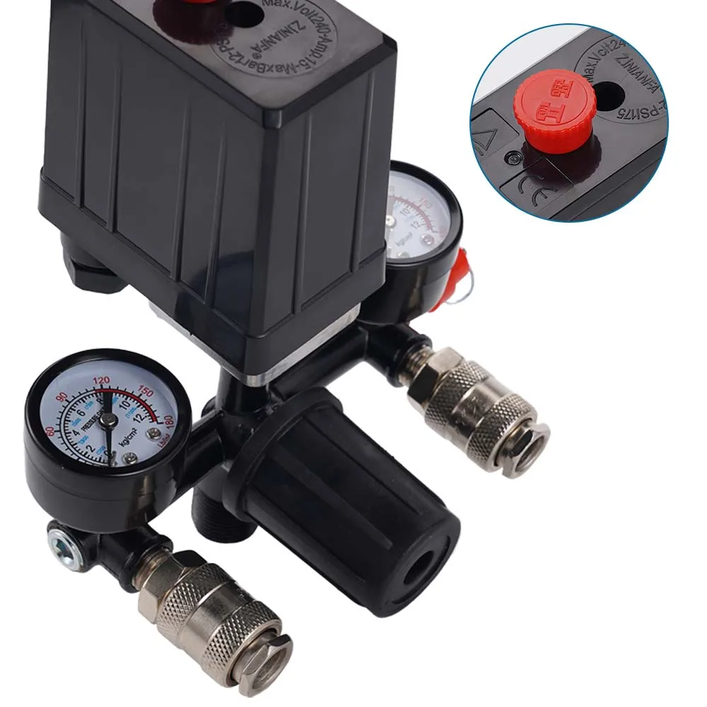 Válvula de compressor de ar 230-220v, válvula de interruptor de controle de pressão do compressor de ar 90-120psi, suporte de liga de alumínio 1/4 "bsp ar