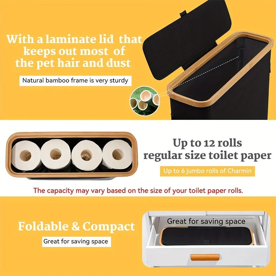 Bamboo toilet paper holder with lid - Self-contained bathroom organizer with handle, enclosed tissue storage box