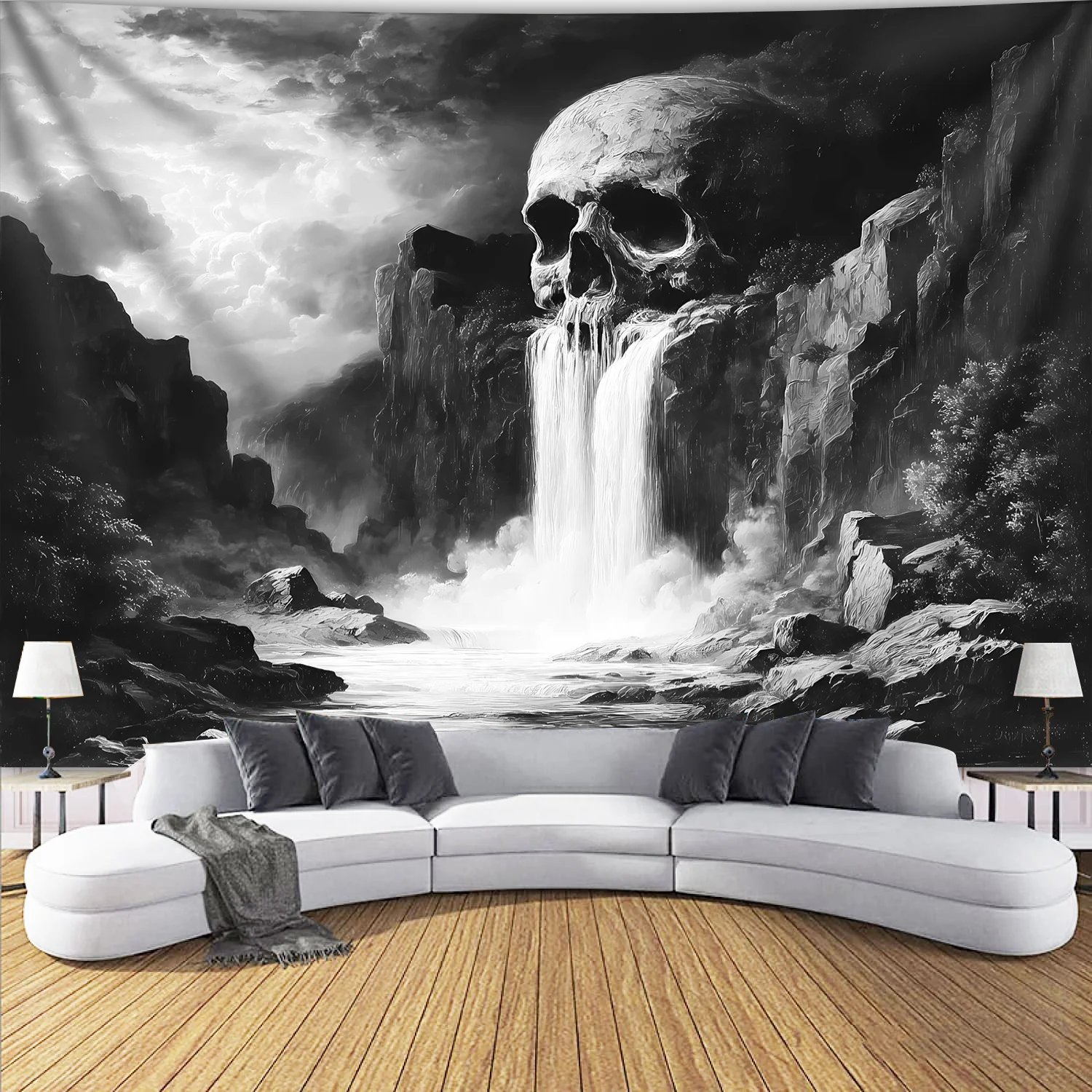 VIKAMA Black White Skull Waterfall Tapestry Dark Cliff Landscape Wall Hanging Gothic Aesthetic Backdrop for Bedroom Decor