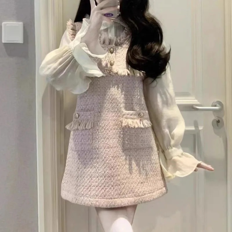 مجموعة أوائل الخريف الصغيرة المعطرة اليابانية طالبة فضفاضة شرابة سترة فستان قميص فرنسي قطعتين مجموعة