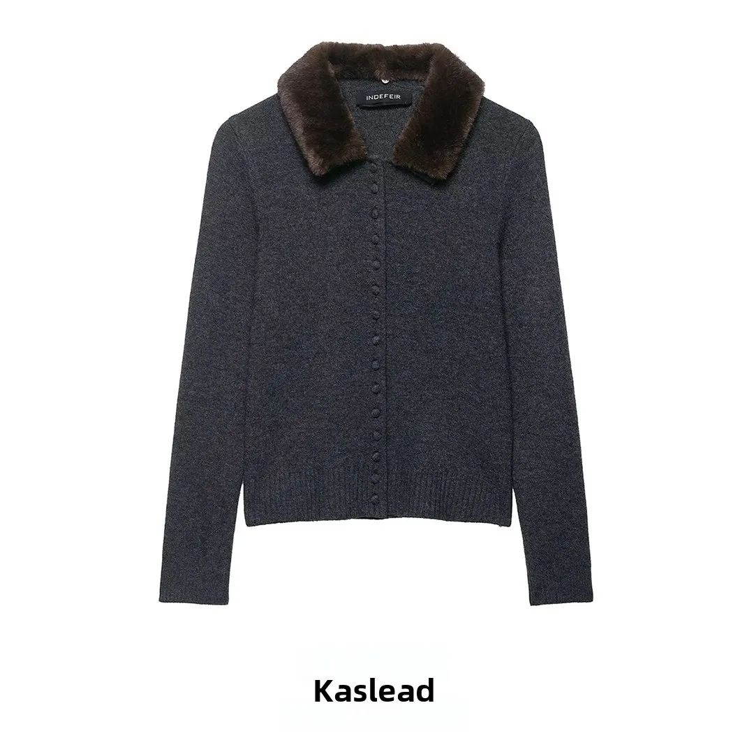 

KASLEAD New Women's Knitted Coat Artificial Fur Collar Long Sve Polyester Fiber European Sle Open Cardigan Autumn Season