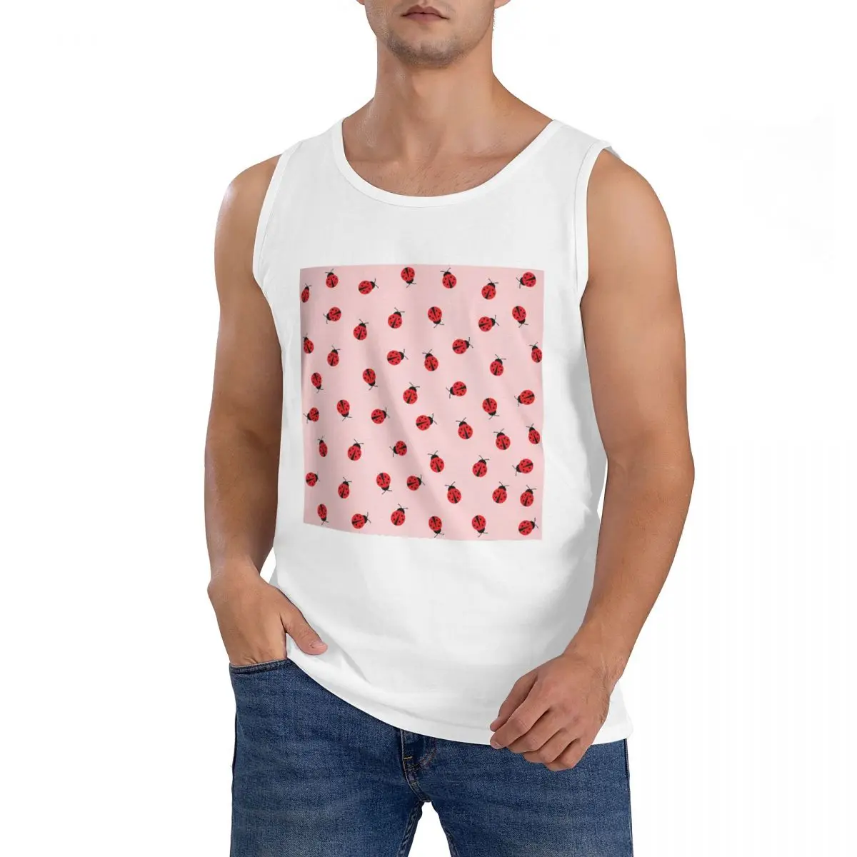 100% Cotton Cute Ladybug Pattern On Pink Background Sleeveless T-Shirt Men Workout Sports Clothing Tops Men's Crew Neck Vest