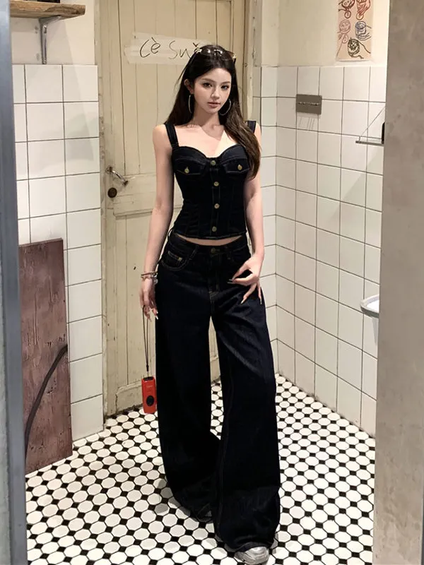 

Sexy American Retro Strap Top Jeans Two-Piece Set Spicy Girl Summer 2026 Fashion Ensemble Short Sleeve V-Neck Cotton Vest