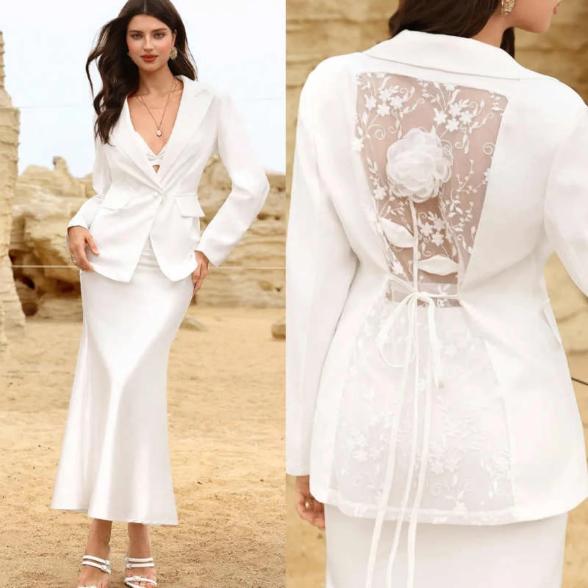 

Elegant Women's Suit 2 Piece Jacket Skirt Peaked Lapel Lace 3D-Flowers Lady Formal Occasion Banquet Party Customized