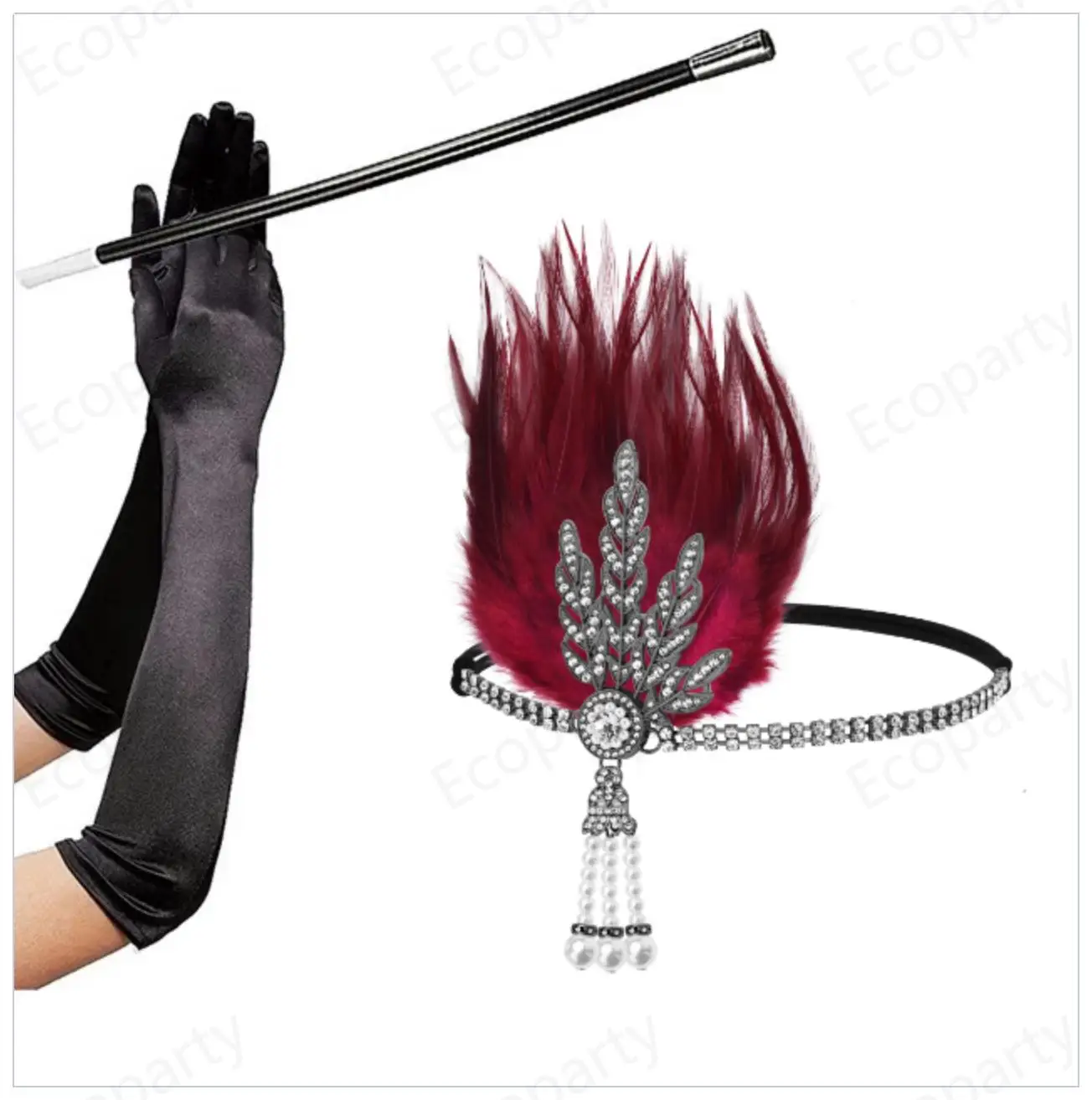 Women Great Gatsby Party Costume Accessories Set 1920s Flapper Accessories Feather Headband Gloves Cigarette Holder 3 Pack 25