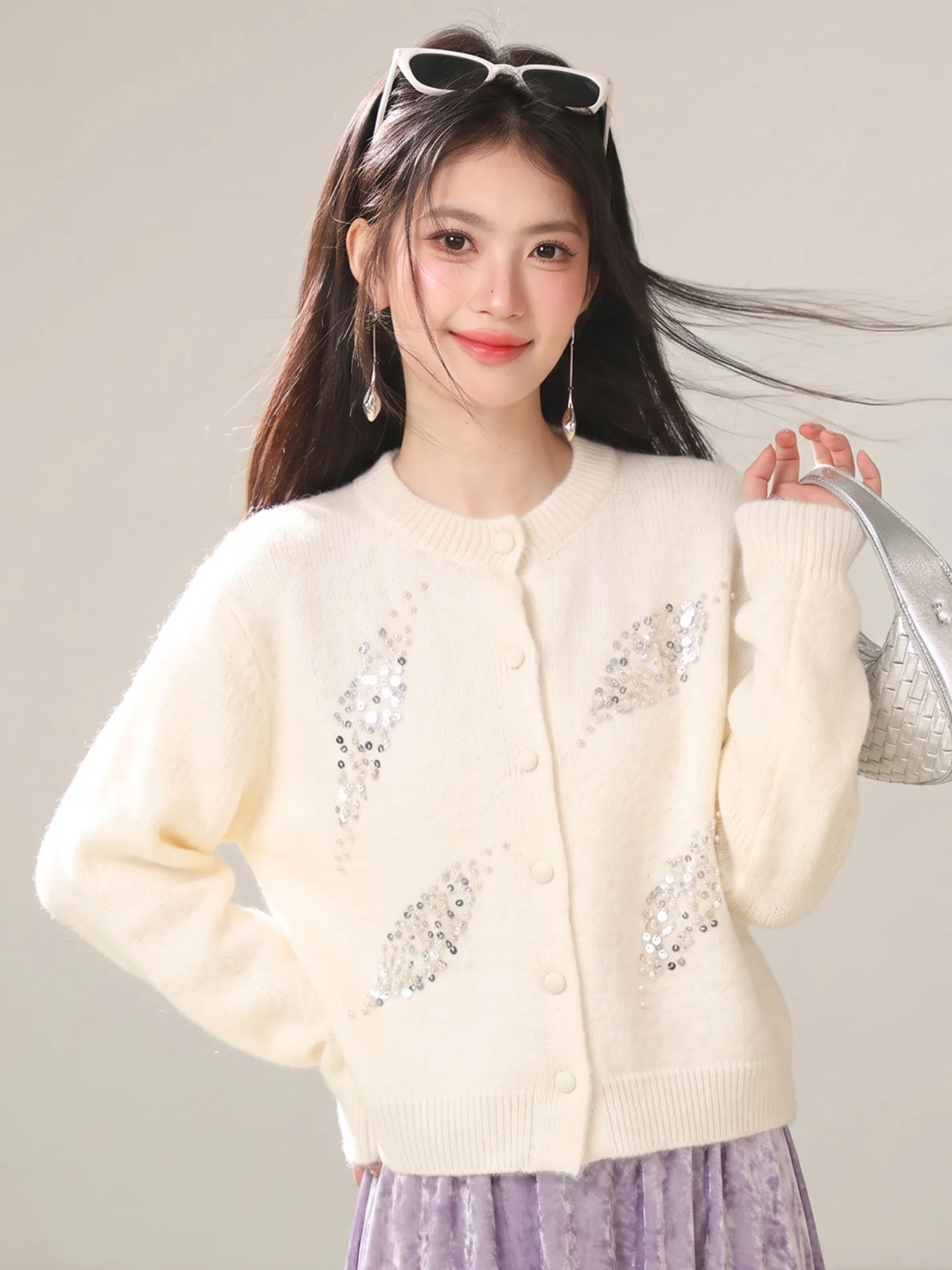 Soft Cozy Long Sleeve Women's Knitted Open Cardigan Sparkling Loose Fit Sweater Outerwear Sweet Style Autumn Winter New Arrival