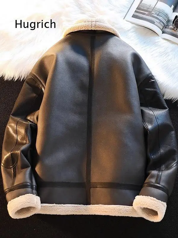 Men's Faux Leather Shearling Lined Jacket Lapel Collar Zip Up Warm Winter Outerwear With Pockets For Daily Street Casual