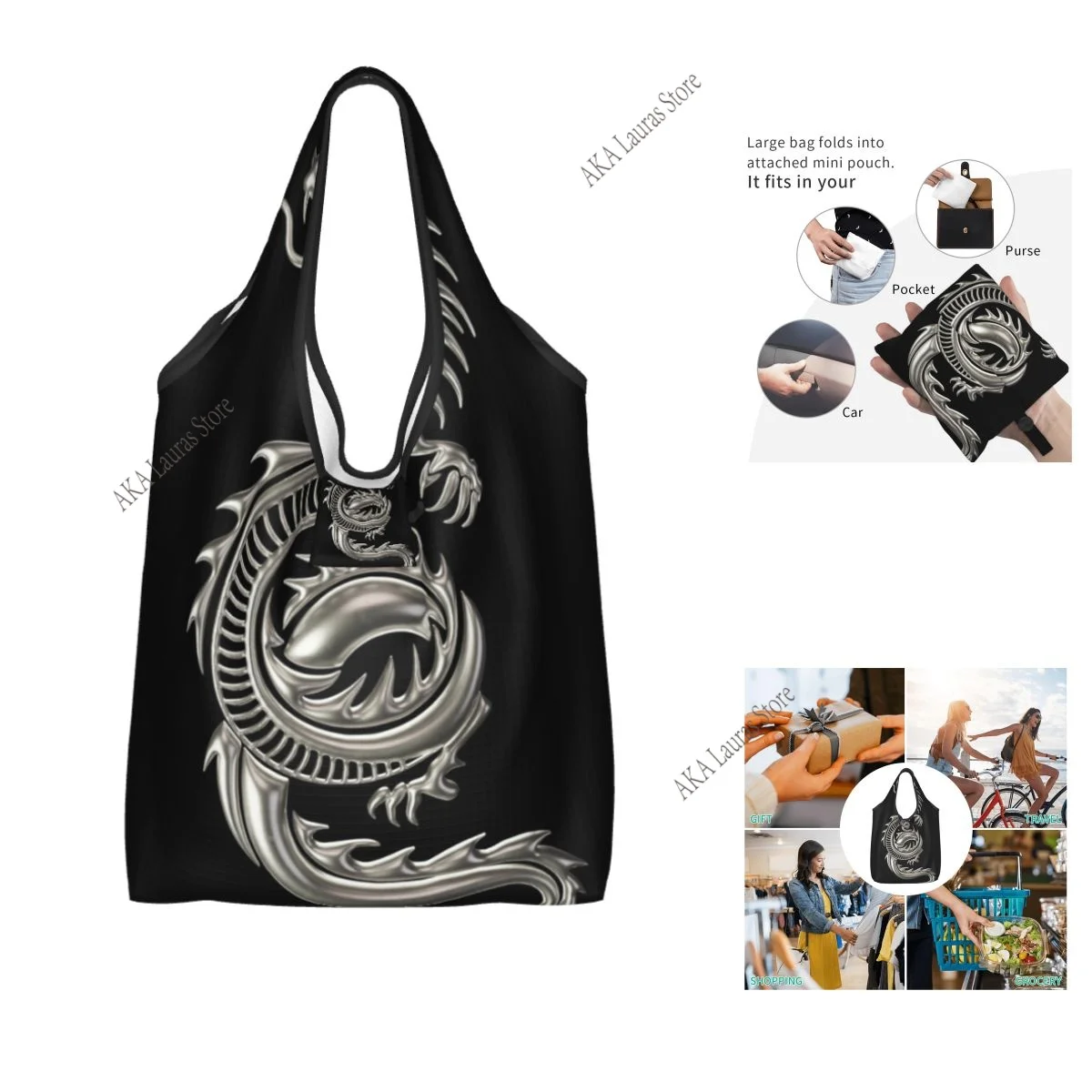Shopping Bags Women Portable Dragon Snapback Big Capacity Grocery Shopper Tote Bags